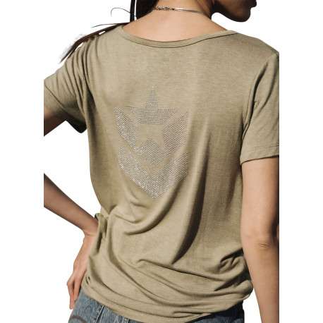 T-shirt kaki uni avec une coupe droite à col v et des manches courtes - Image 5
