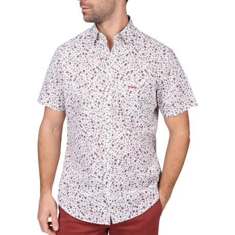 Chemise en coton biologique blanche fleurie à coupe droite avec un col à revers