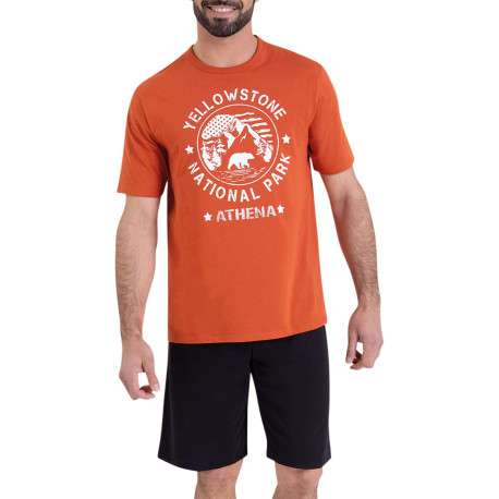 Pyjama court en coton orange et noir uni à coupe droite avec un imprimé