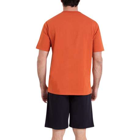 Pyjama court en coton orange et noir uni à coupe droite avec un imprimé - Image 2
