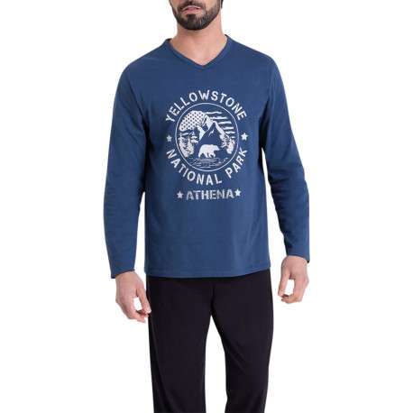 Pyjama long en coton bleu et noir uni à coupe droite avec un imprimé