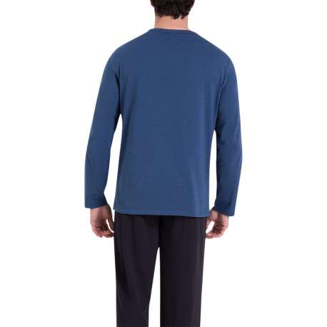 Pyjama long en coton bleu et noir uni à coupe droite avec un imprimé - Image 2