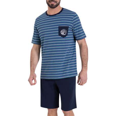 Pyjama court en coton bleu à rayures et à coupe droite avec une poche