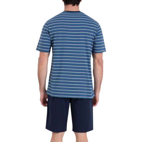 Pyjama court en coton bleu à rayures et à coupe droite avec une poche - Image 2