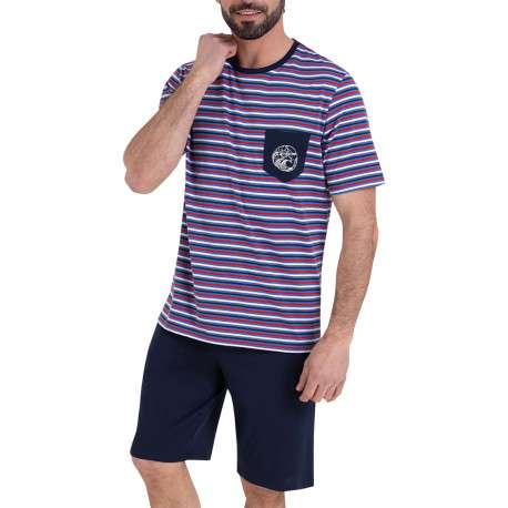 Pyjama court en coton rouge et bleu marine à rayures et à coupe droite