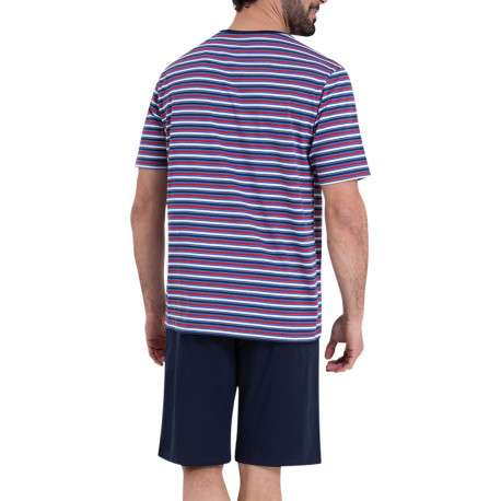 Pyjama court en coton rouge et bleu marine à rayures et à coupe droite - Image 2
