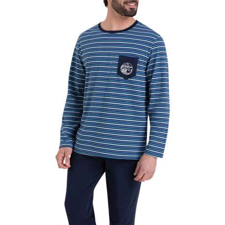 Pyjama long en coton bleu à rayures et à coupe droite avec une poche