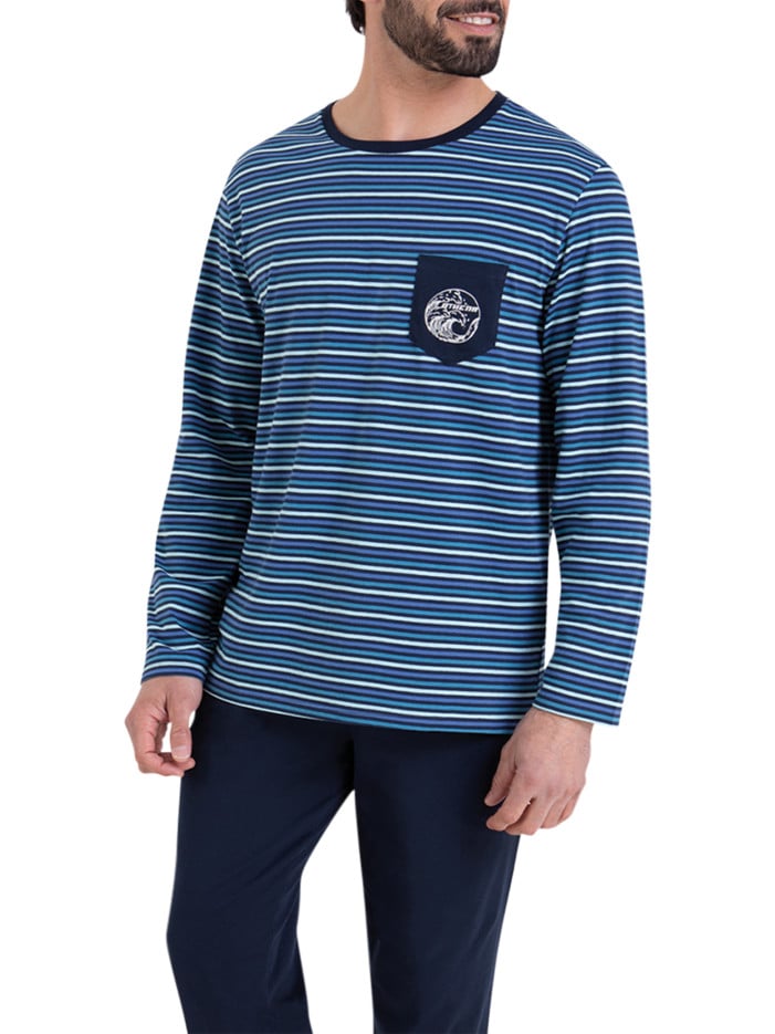 Pyjama long en coton bleu à...