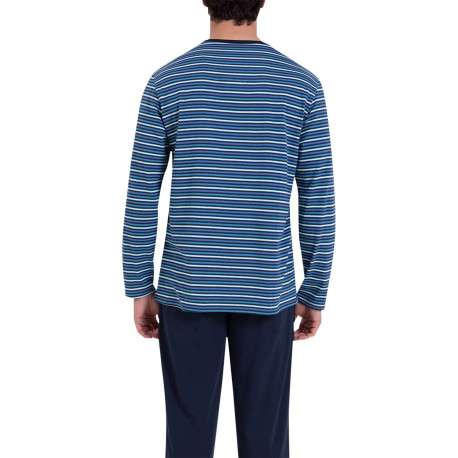 Pyjama long en coton bleu à rayures et à coupe droite avec une poche - Image 2