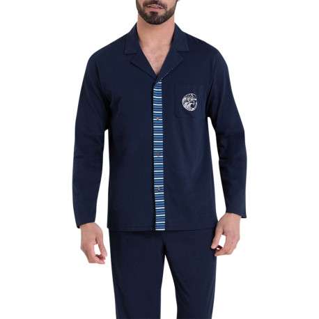 Pyjama chemise long en coton bleu marine uni à coupe droite et à col v à revers
