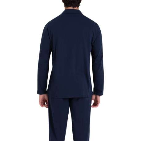 Pyjama chemise long en coton bleu marine uni à coupe droite et à col v à revers - Image 2