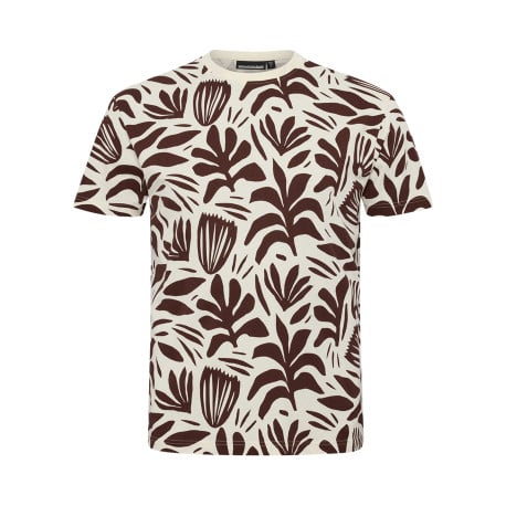 T-shirt en coton écru à imprimé feuilles bordeaux et à col rond