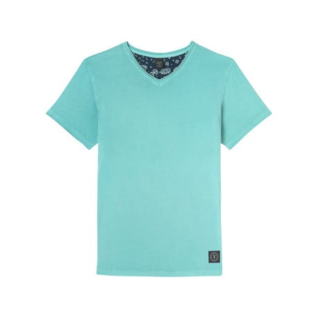 T-shirt manches courtes en coton bleu uni avec une coupe droite et un col v