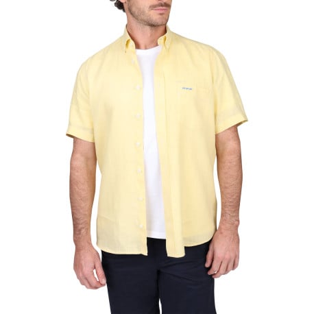 Chemise manches courtes en lin jaune unie à coupe droite avec un col à revers