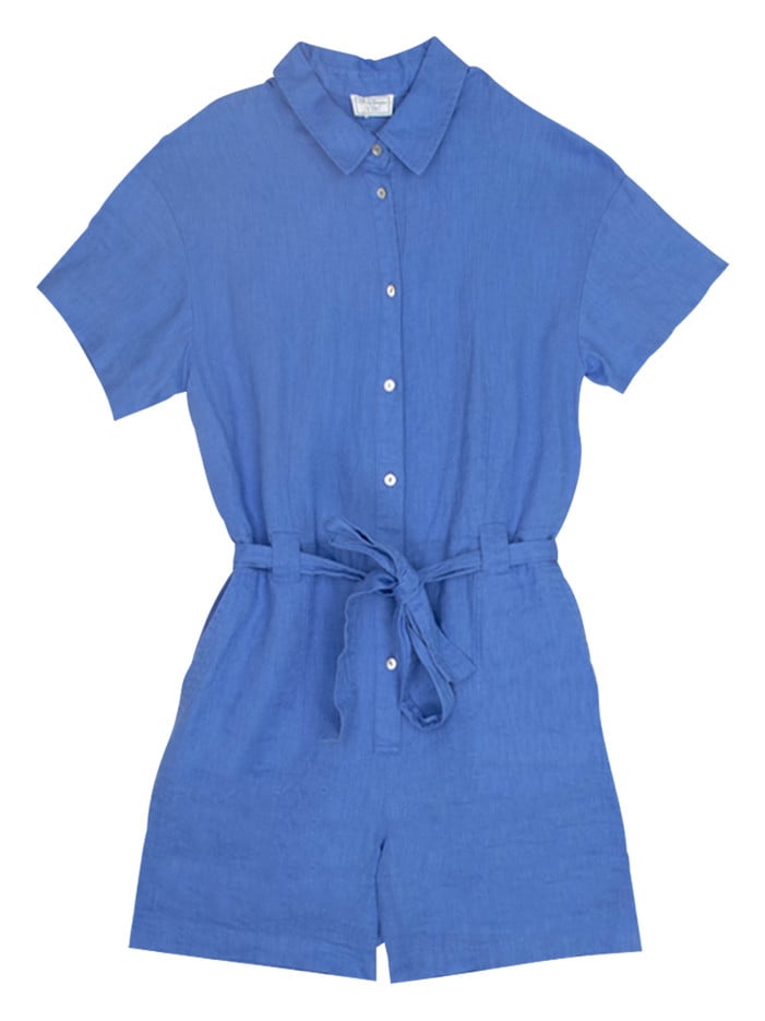 Combishort en lin bleue uni...