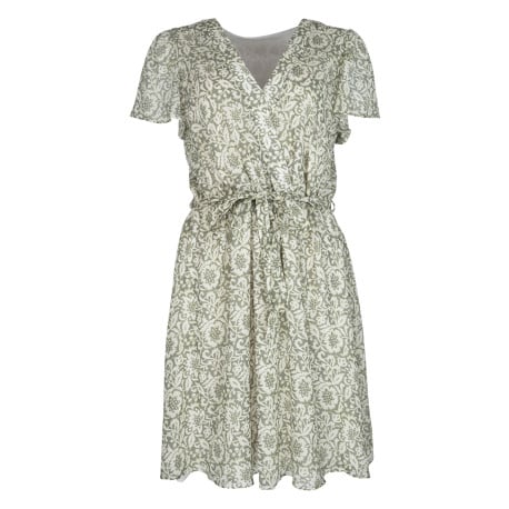Robe courte en coton kaki imprimée avec une coupe droite et un col v