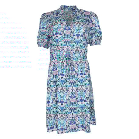 Robe courte rose imprimée avec une coupe droite à col v et des manches courtes