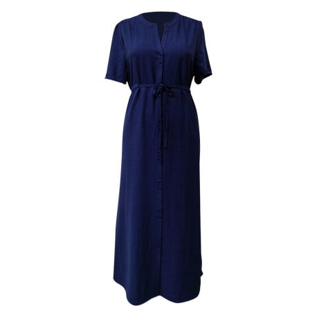 Robe longue bleue unie avec un col v et une coupe droite à manches courtes