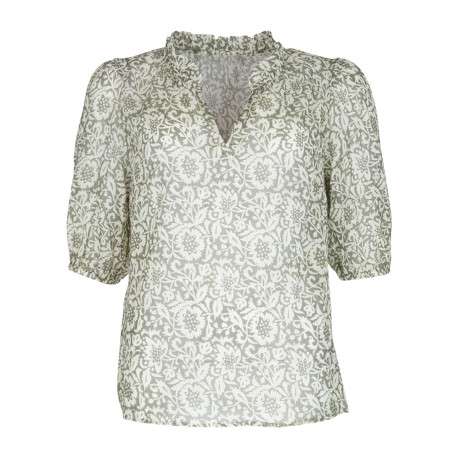 Blouse en coton kaki imprimée de feuilles avec une coupe droite et un col v