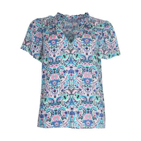 Blouse rose imprimée avec une coupe droite à col v et sans manches