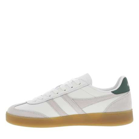 Tennis en cuir blanches à empiècements en daim beiges et à semelle plate miel