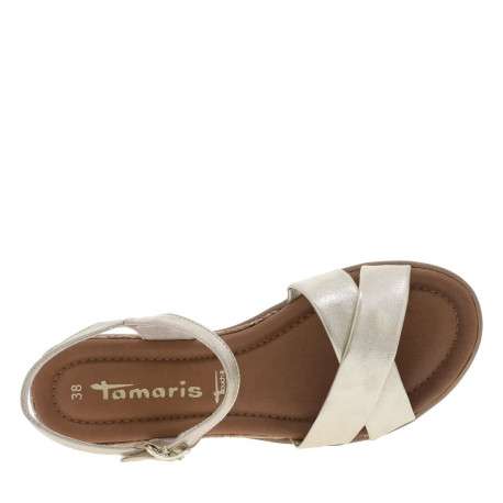 Sandales or satinées à talon compensé bas et à bande auto-agrippante - Image 4
