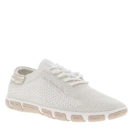 Tennis blanches et or en maille à semelle plate et à lacets ronds rayés - Image 3
