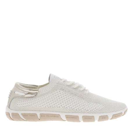 Tennis blanches et or en maille à semelle plate et à lacets ronds rayés - Image 2