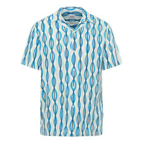 Chemise manches courtes bleue à motifs géométriques et à col cubain