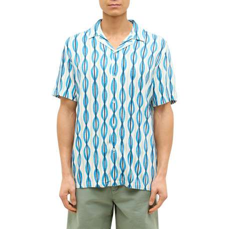 Chemise manches courtes bleue à motifs géométriques et à col cubain - Image 3