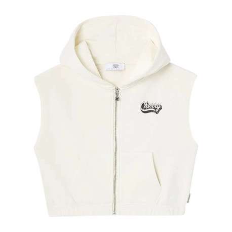Sweat à capuche zippé sans manches blanc uni à coupe courte avec des poches