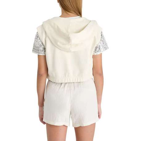 Sweat à capuche zippé sans manches blanc uni à coupe courte avec des poches - Image 2