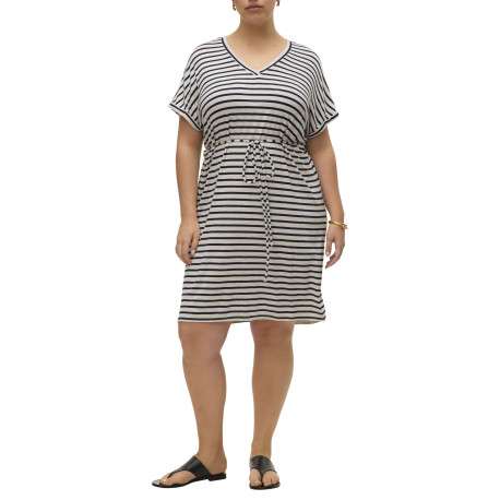 Robe courte blanche à rayures bleues marine avec une coupe droite fluide - Image 4