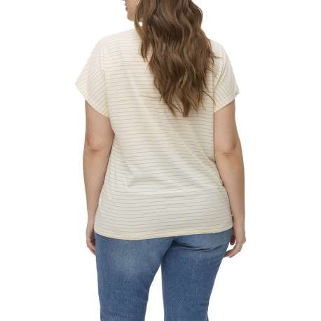 T-shirt blanc à rayures en lurex beiges et à col v fermé par trois boutons - Image 2