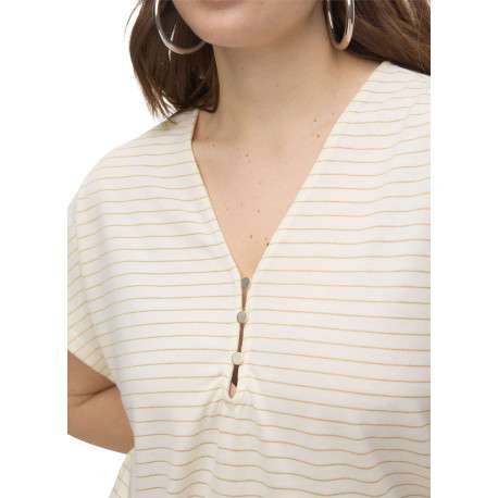 T-shirt blanc à rayures en lurex beiges et à col v fermé par trois boutons - Image 3