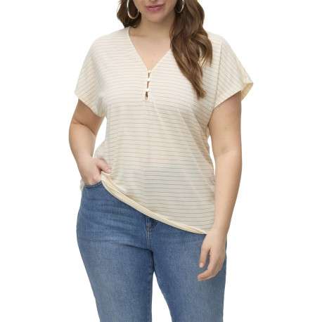 T-shirt blanc à rayures en lurex beiges et à col v fermé par trois boutons - Image 4