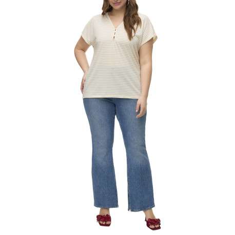 T-shirt blanc à rayures en lurex beiges et à col v fermé par trois boutons - Image 5