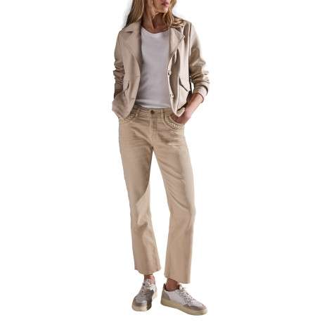 Pantalon 7/8ème 5 poches en coton beige uni avec une coupe bootcut - Image 5