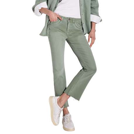 Pantalon 7/8ème 5 poches en coton vert uni avec une coupe bootcut - Image 4