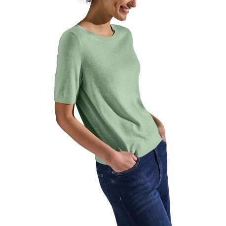 Pull manches courtes vert chiné à coupe droite avec un col rond - Image 4