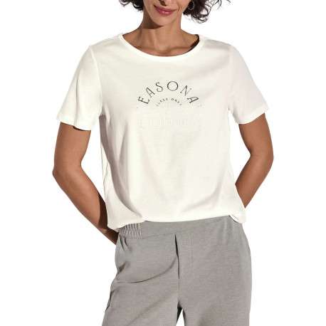 T-shirt écru uni avec des écritures argentées imprimées à l'avant et à col rond - Image 4