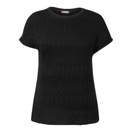 Top à manches courtes noir uni en crochet ajouré avec un col rond