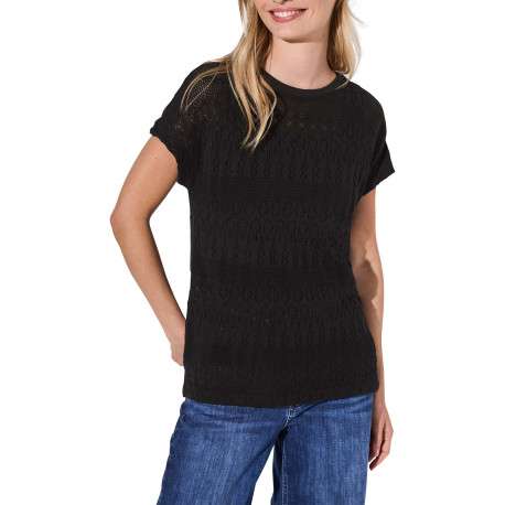 Top à manches courtes noir uni en crochet ajouré avec un col rond - Image 4