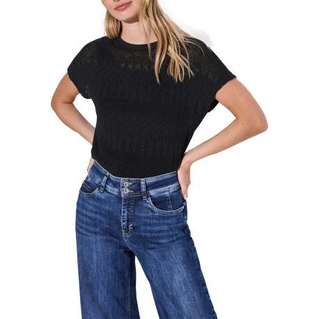 Top à manches courtes noir uni en crochet ajouré avec un col rond - Image 6