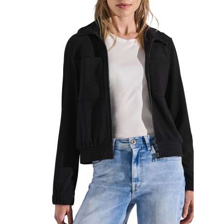 Veste zippée noire unie avec un col à revers et des poches plaquées - Image 4