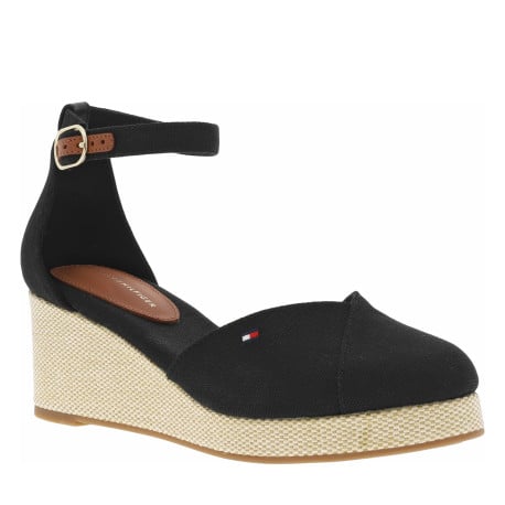 Sandales noires avec le logo brodé en petit à talon compensé et à bout fermé