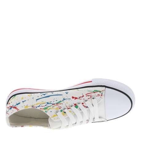 Tennis en toile basses blanches avec des taches de peinture et à lacets plats - Image 4
