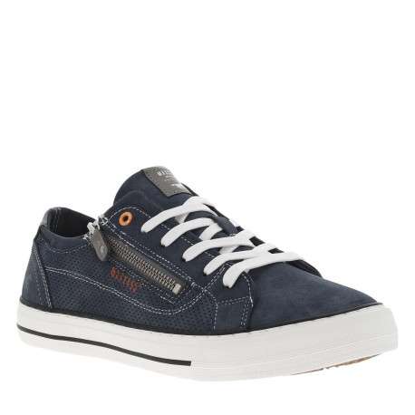 Tennis bleues marine à surpiqûres blanches avec un zip et à lacets plats blancs - Image 3