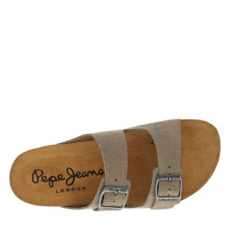 Mules en cuir taupe à sangles à boucle à ardillon et à semelle plate - Image 4