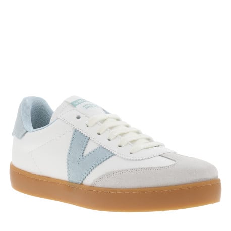 Tennis blanches et bleues ciel à lacets plats écrus et à semelle en gomme miel